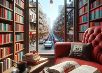 Fotorealistyczne zdjęcie przytulnej księgarni w Rumi, pełnej półek z różnobarwnymi okładkami książek. Przez duże okno widać tętniące życiem ulice Rumi. Na pierwszym planie widoczna jest wygodna, czerwona kanapa z otwartą, zapadającą się w głąb trzymiesięczną podróżą powieścią na poduszce, obok stoje filiżanka aromatycznej kawy.