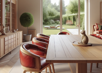 Fotorealistyczne zdjęcie wnętrza domu, gdzie dominują jasne kolory. Na pierwszym planie znajduje się komplet ręcznie wykonanych mebli, obejmujących duży drewniany stół, obite czerwonym skajem krzesła i kredens. Po lewej stronie widać figurę kota siedzącego na parapecie i patrzącego przez okno na zielony ogród.