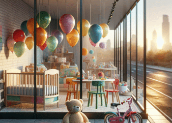 Fotorealistyczne zdjęcie sklepu z meblami dziecięcymi w Rumi. Przez wielkie witryny widać kolorowe łóżeczka, stoliki i krzesła, a nad nimi wiszą kolorowe balony. Na chodniku przed sklepem stoi rowerek dziecięcy, a obok niego leży pluszowy miś. W tle widać sylwetkę miasta w zachodzącym słońcu.