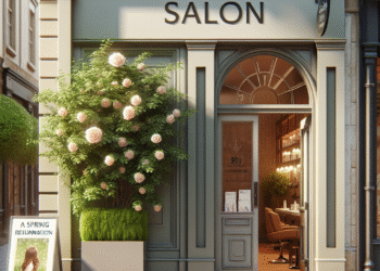 Fotorealistyczne zdjęcie frontu salonu, znajdującego się na Starowiejskiej 20 w Rumi. Jest zielony, kwitnący krzew róż przed wejściem do salonu. Logo salonu jest jasno widoczne na szyldzie przy wejściu. Po prawej stronie drzwi widoczny jest plakat promujący wiosenne odmładzanie.