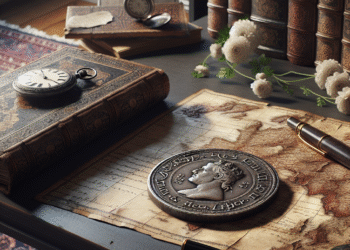 Fotorealistyczne zdjęcie starożytnej monety leżącej na otwartej, starych, pergaminowej mapie. W tle, na ciemnym drewnianym biurku, widoczne są inne antyki: zegarki kieszonkowe, pióro wieczne i świeże kwiaty w porcelanowej wazonie. Na podłodze leży lekko zniszczony Perski dywan, a na regale obok biurka ustawione są kolejne, starodrukowane książki.