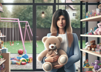 Fotorealistyczne zdjęcie sklepu z akcesoriami dzieciecymi w Rumi, na półkach widoczne różnobarene bibeloty dla dzieci. Na pierwszym planie widoczna jest jedna z pracownic, trzymająca w rękach pluszowego misia. Za oknem sklepu widać plac zabaw.