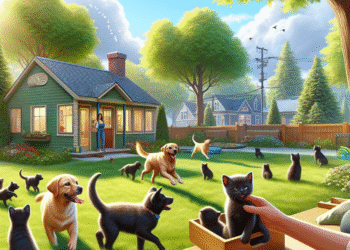 Fotorealistyczne zdjęcie przytulnego schroniska dla zwierząt w Rumi. W tle widać drzewa o zielonych liściach, ponieważ jest piękny, słoneczny dzień. Na pierwszym planie widzimy radosne psiaki, biegnące po trawie. Jeden z nich, złoty labrador, ma w pyszczku niebieski frisbee. Na drugim planie, na ławce, siedzi wolontariuszka karmiąca małe, czarne kotki.