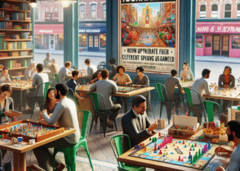 Fotorealistyczne zdjęcie sali gier w sercu Rumi, w której odbywa się turniej gier planszowych. Stoły są zapełnione kolorowymi planszami, pionkami, kartami. Widać zaangażowanych graczy dyskutujących nad strategiami. Przy wejściu wisi wesoły plakat zapraszający do udziału w turnieju, a obok stoi stolik z pysznymi przekąskami.
