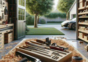 Fotorealistyczne zdjęcie stołu warsztatowego pokrytego wiórami drewna w garażu w Rumi, na którego środku leży komplet świetnie wyglądających narzędzi. Za oknem widać zielone drzewa, a na podłodze rozrzucone są różne drobiazgi do majsterkowania. W tle, pół-otwarta brama garażu pokazuje widok na spokojną, podmiejską ulicę.