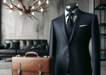 Fotorealistyczne zdjęcie stylowego męskiego garnituru w kolorze granatowym, prezentowanego na tle minimalistycznego, industrialnego wnętrza sklepu w Rumi. Na podłodze leży otwarta teczka skórzana a z sufitu zwisa artystyczny żyrandol w kształcie rogu jelenia.