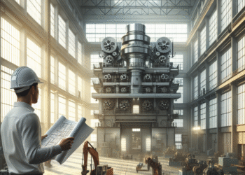 Fotorealistyczne zdjęcie hali produkcyjnej wypełnionej szeregiem nowoczesnych maszyn przemysłowych. Przez wielkie okna wpada jasne popołudniowe słońce, oświetlając intensywnie pracującą maszynę w centralnym punkcie ujęcia. Na pierwszym planie widzimy inżyniera w białym kasku, koncentrującego się na czytaniu planów.