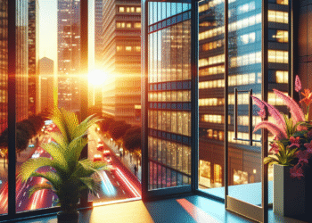 Fotorealistyczne zdjęcie biurowca w Rumi, na tle zachodzącego słońca. Wokół budynku krzyżują się tętniące życiem ulice miasta. Na pierwszym planie widać otwarte drzwi do budynku, które wydają się zapraszać do wejścia. Po prawej stronie zdjęcia jest doniczka z kwitnącą rośliną.