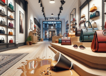 Precyzyjne, fotorealistyczne zdjęcie sklepu na ulicy Gdańskiej 15 w Rumi. Na pierwszym planie stoją eleganckie, różnokolorowe torebki na drewnianym stoisku. W tle widać elegancką, dobrze oświetloną przestrzeń sklepu. Losowy element: na jednym z ekspozytorów leży przewrócona filiżanka kawy, która wylewa się na podłogę tworząc ciekawy, kształtny wzór.