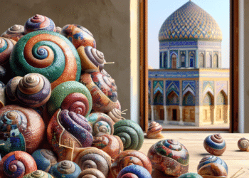 Fotorealistyczne zdjęcie kolekcji różnobarwnych ślimaków na naturalnym podłożu, ze szczegółowym pokazem ich niezwykłych, mozaikowych wzorów. W tle półotwarte okno z widokiem na charakterystyczne zabudowania Rumi.