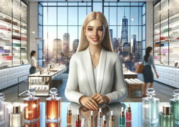 Fotorealistyczne zdjęcie luksusowego sklepu z kosmetykami w Rumi. Wnętrze ma eleganckie, białe regały z różnorodnością produktów. Przez duże, przeszklone okno widać miejski krajobraz Rumi. Na pierwszym planie widać błyszczące butelki z kolorowymi płynami. Na środku sklepu stoi uśmiechnięta konsultantka.