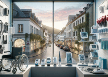 Fotorealistyczne zdjęcie sklepu z nowoczesnym sprzętem medycznym w Rumi. Na pierwszym planie widzimy różnorodny sprzęt medyczny: wózki inwalidzkie, ciśnieniomierze, termometry. Za oknem sklepu widać malowniczą uliczkę Rumi, a na niebie delikatne chmurki i wschodzące słońce.
