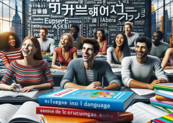 Fotorealistyczne zdjęcie nowoczesnej szkoły językowej w Rumi. W głównej sali lekcyjnej stołach znajdują się różnokolorowe podręczniki do nauki języka. Na tablicy widać zapisane różnorodne wyrazy w wielu językach. Na pierwszym planie widać grupę ucznąt intensywnie dyskutujących o czymś w języku obcym, na ich radośnie uśmiechniętych twarzach widać prawdziwą pasję do nauki.